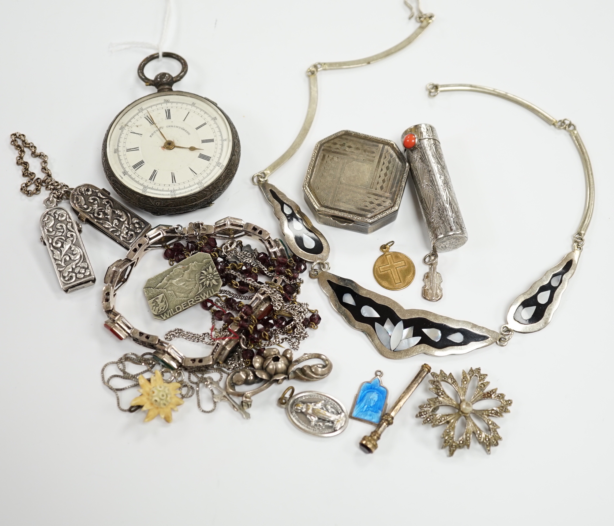 A quantity of white metal and other jewellery, including necklaces, together with an 800 standard open face pocket watch.